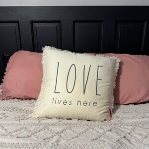 Peace Love World Decorative Pillow with 'Love Lives Here' Text